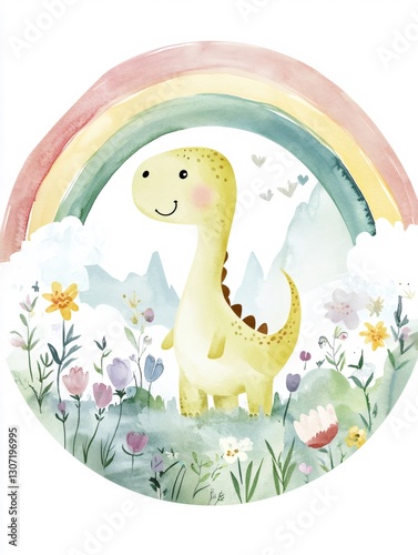 Cute smiling dinosaur standing in a field of flowers under a rainbow