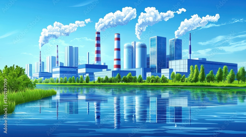 Fototapeta premium Regenerative Energy Technology concept. Advanced Futuristic Eco Friendly Energy Plant with Towering Turbines and Reflecting Waters