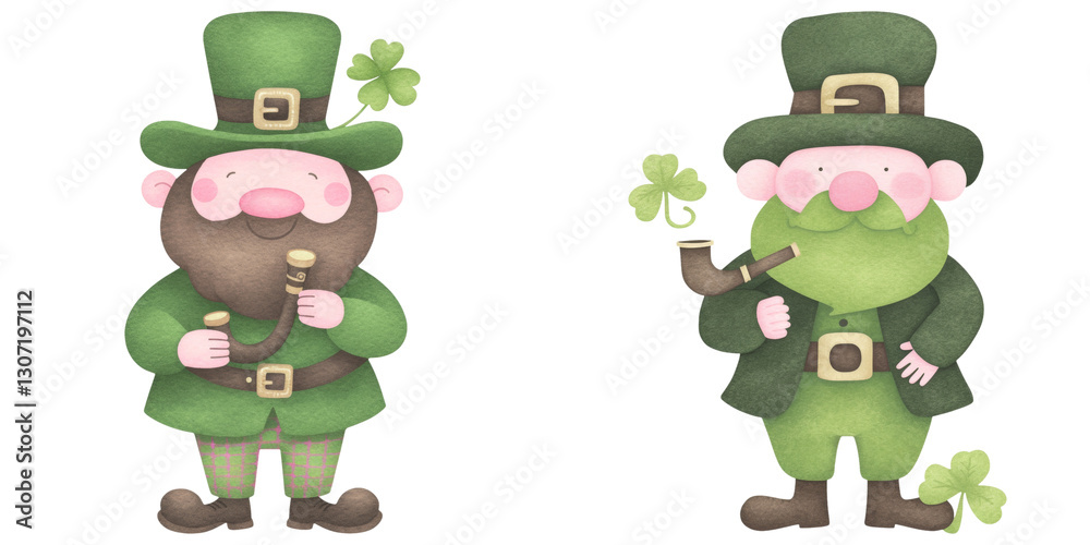 Two cheerful leprechauns in green attire, one holding pipe, with shamrocks