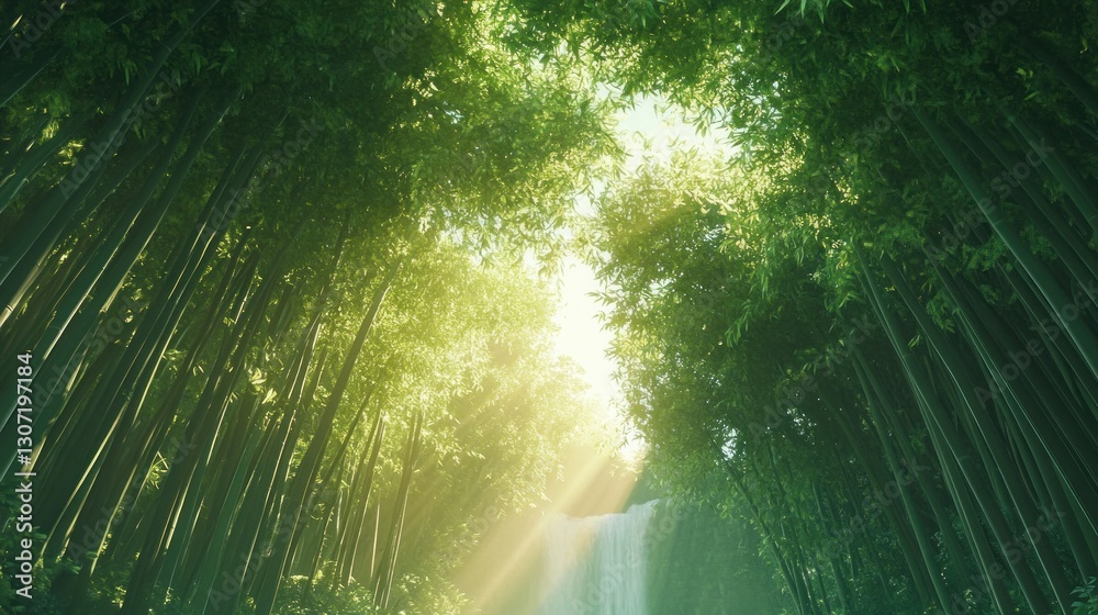Obraz premium Serene bamboo forest with sunlight streaming through, leading to a hidden waterfall in the background