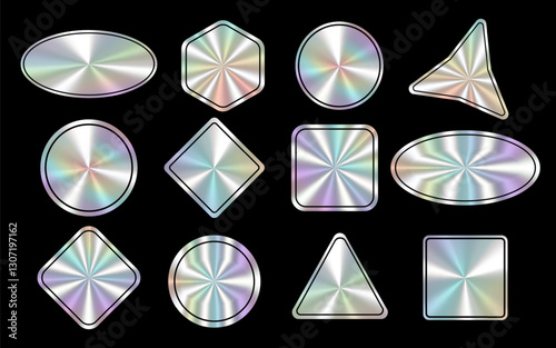 Shiny holographic iridescent stickers decals set in various geometric shapes. Abstract holographic badges with metallic gradient design. Blank designs for tag, badge, icon, certificate, coupon. Vector
