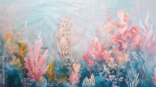 Fototapeta Naklejka Na Ścianę i Meble -  An abstract underwater painting with plants and soft pastel colors