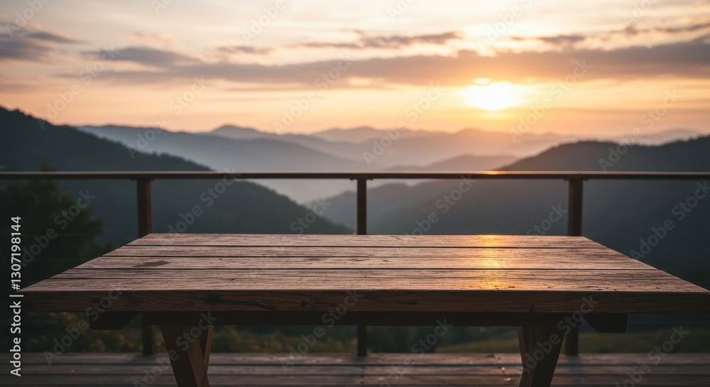 Serene sunset view from a wooden table overlooking misty mountains Serene sunset view from a wooden table overlooking misty mountains