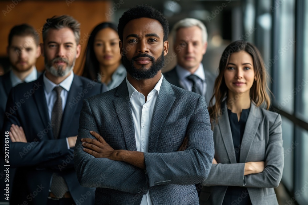 Multi-ethnic and multi-generation male and female business professionals, standing in office, arms crossed, confident expressions, diverse leadership, modern corporate environment Multi-ethnic and multi-generation male and female business professionals, standing in office, arms crossed, confident expressions, diverse leadership, modern corporate environment