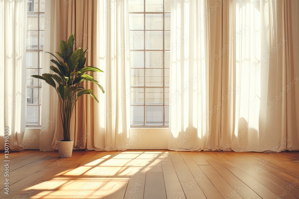 Fototapeta premium Unfurnished interior with curtains. AI generated illustration.
