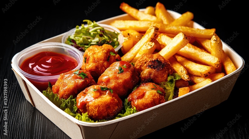Crispy chicken nuggets with fries and ketchup in takeout box Crispy chicken nuggets with fries and ketchup in takeout box