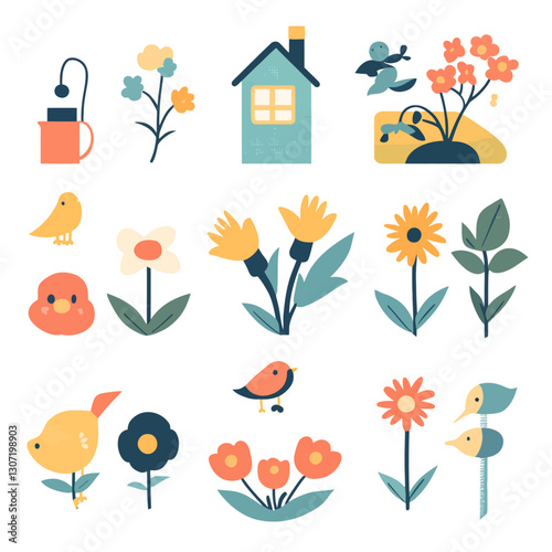 Cute flowers and birds with a house in modern flat vector style