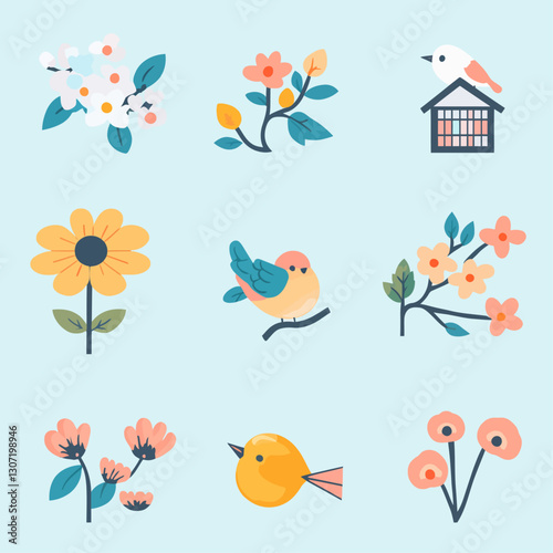 Cute Birds and Flowers in a Flat Vector Style, Birdhouse, Springtime