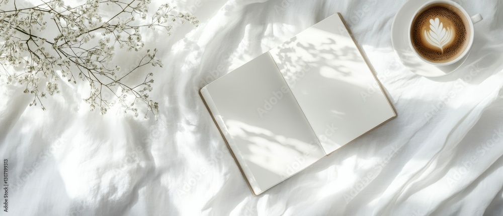 Cozy morning scene featuring an open blank notebook and a cup of latte on soft white fabric with delicate flowers and gentle sunlight casting shadows Cozy morning scene featuring an open blank notebook and a cup of latte on soft white fabric with delicate flowers and gentle sunlight casting shadows