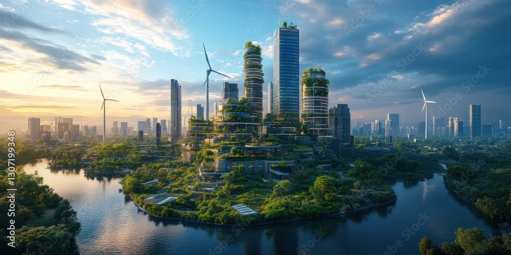 Fototapeta premium Green Metropolis: Futuristic Cityscape of Sustainable Urban Development with Renewable Energy Sources