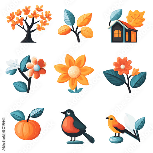 Orange Flower, Bird, House, Leaves Flat Icons Set on White Background