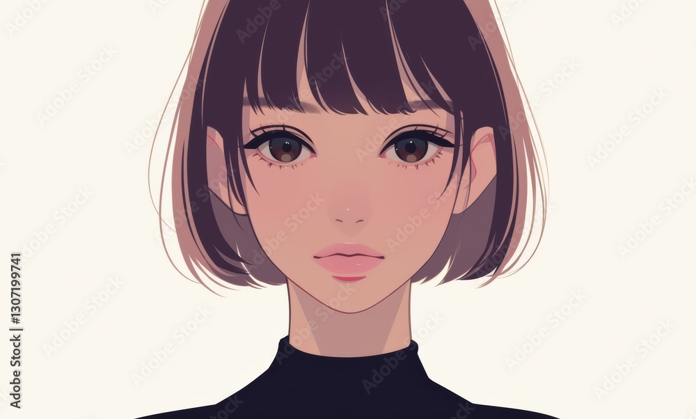 2D drawing of a girl with a neat bob cut, her short hairstyle contrasting against the white background. 2D drawing of a girl with a neat bob cut, her short hairstyle contrasting against the white background.