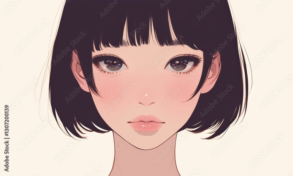 2D drawing of a girl with a neat bob cut, her short hairstyle contrasting against the white background. 2D drawing of a girl with a neat bob cut, her short hairstyle contrasting against the white background.