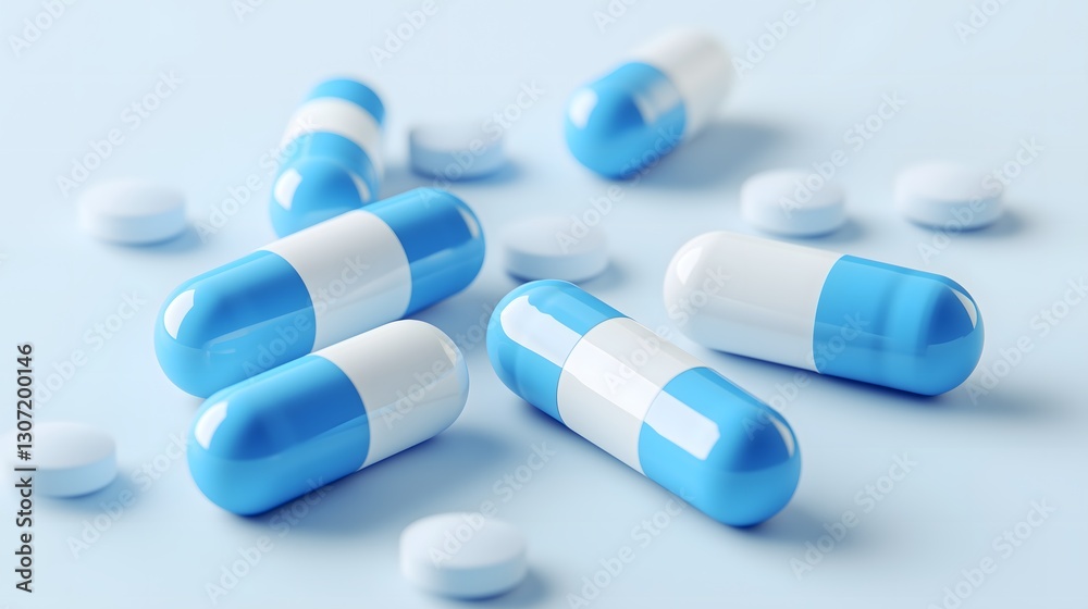 Blue and white capsules and white tablets on a light blue surface Blue and white capsules and white tablets on a light blue surface