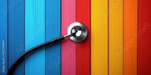 Medical diagnostic and heart health check. Colorful wooden background with a stethoscope resting on it, symbolizing health and care.