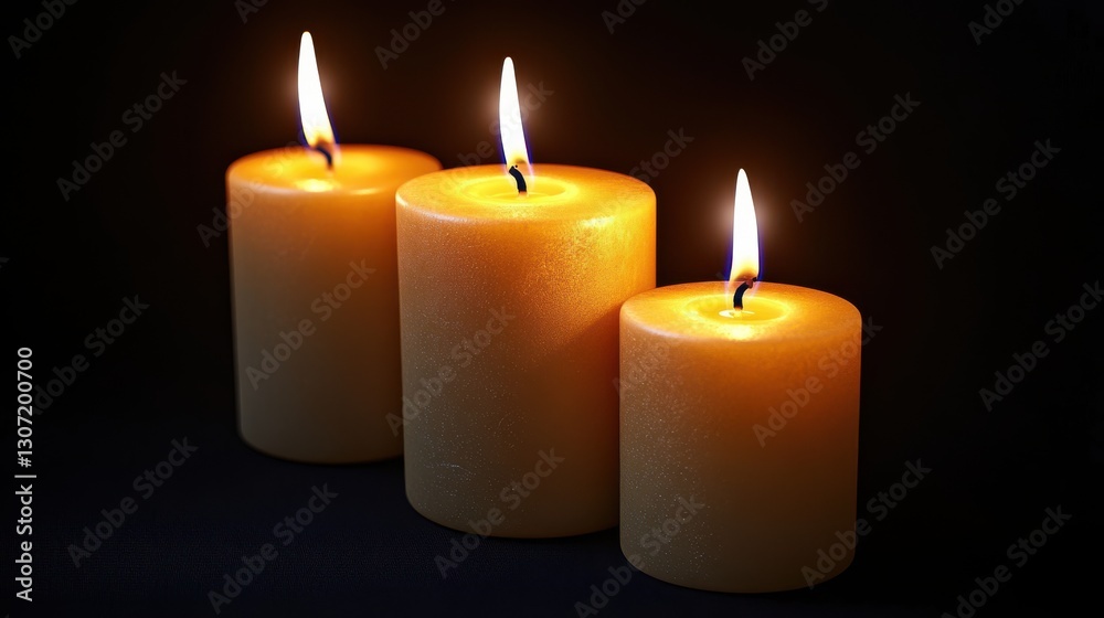 Three glowing candles with vibrant flames set against a dark background, creating a warm ambiance Three glowing candles with vibrant flames set against a dark background, creating a warm ambiance