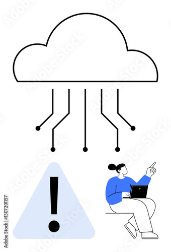 Cloud with data lines, woman using laptop pointing at alert icon. Ideal for technology, data, cloud storage, cybersecurity, IT management, innovation digital communication. Flat simple metaphor