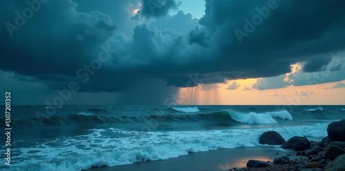 Immense, brooding storm clouds and heavy rain pummel the restless ocean , sky, dark clouds