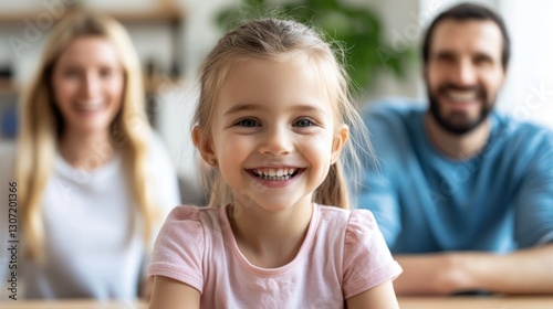 Happy child with parents at home, smiling joyfully together