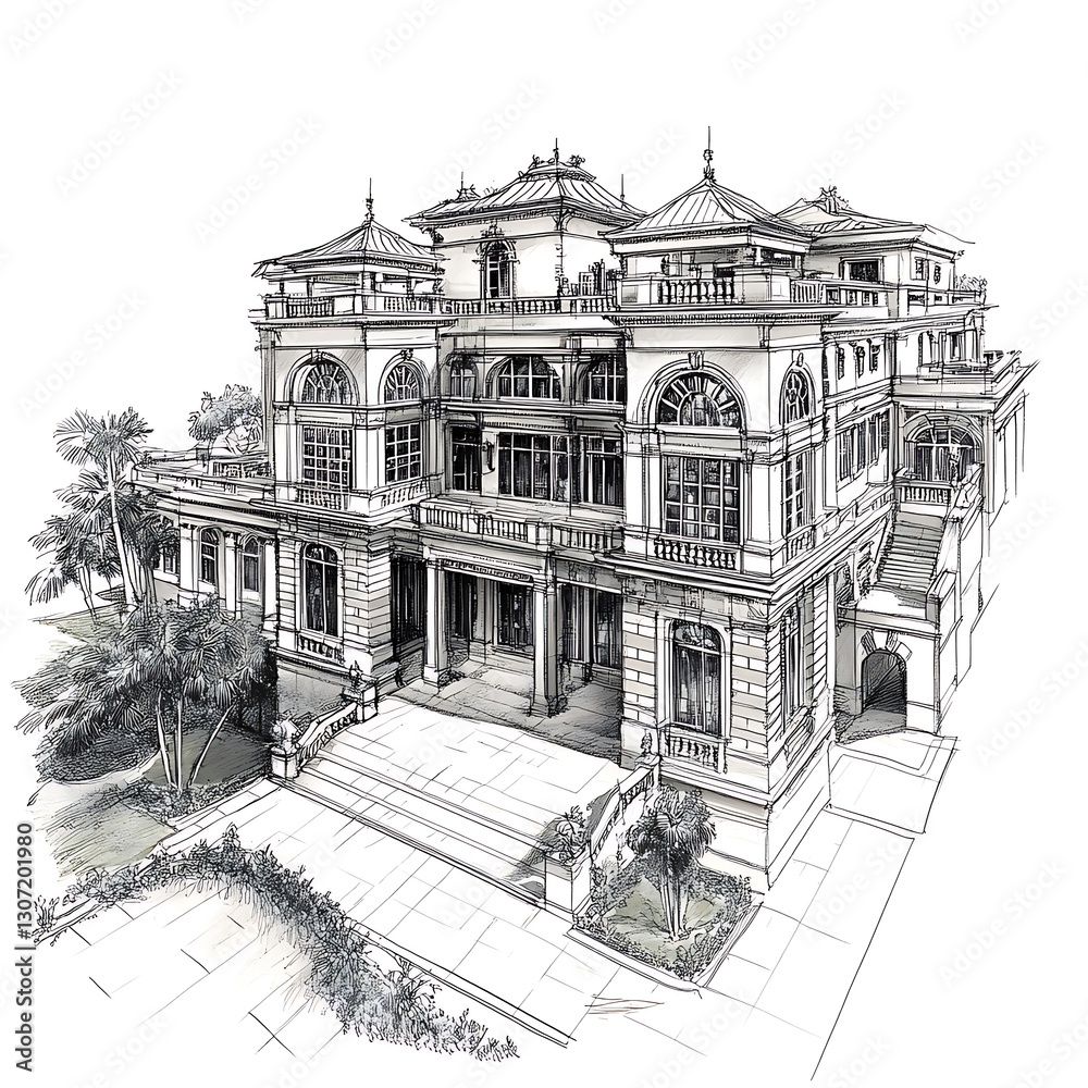 Obraz premium Classic architectural drawing of a mansion with intricate patterns high resolution picture