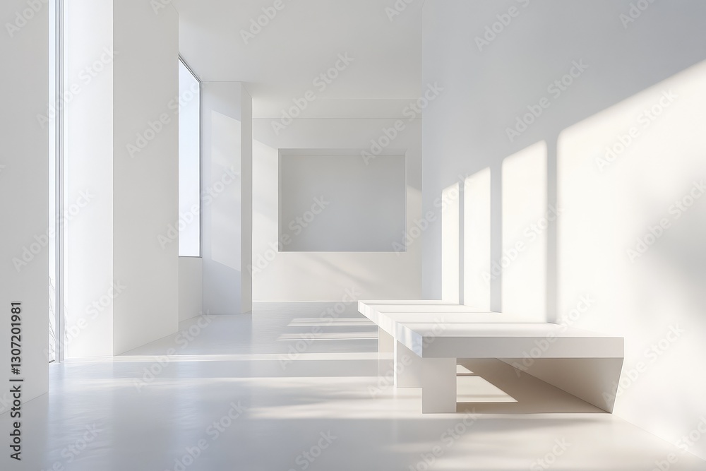 White interior with bench, minimalist. AI generated illustration. White interior with bench, minimalist. AI generated illustration.