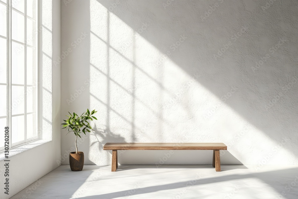 Fototapeta premium White interior with bench, minimalist. AI generated illustration.