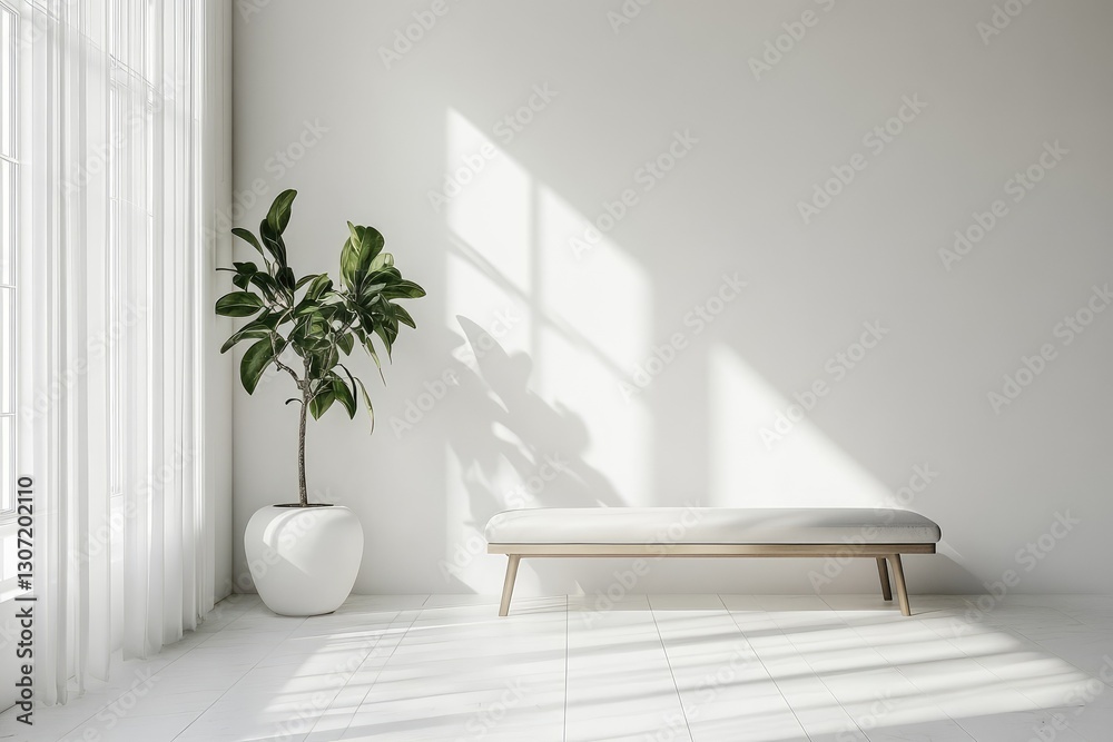 Fototapeta premium White interior with bench, minimalist. AI generated illustration.