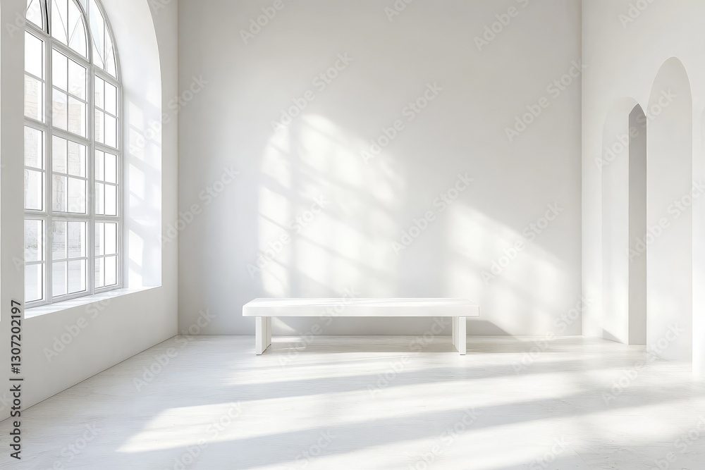 Fototapeta premium White interior with bench, minimalist. AI generated illustration.