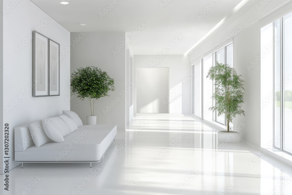Fototapeta premium White interior with long corridor in modern space. AI generated illustration.