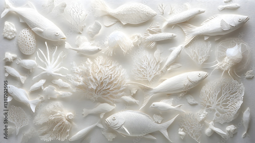 Elegant White Ocean Creatures and Coral Arranged in Intricate Composition on Light Background for Creative Projects Elegant White Ocean Creatures and Coral Arranged in Intricate Composition on Light Background for Creative Projects