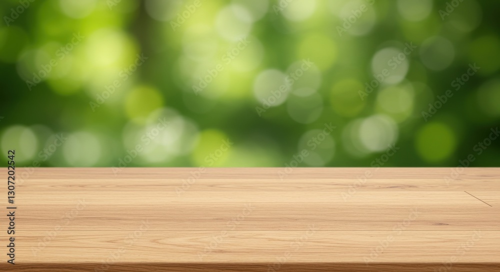 Wooden table in a serene outdoor setting with blurred green foliage background Wooden table in a serene outdoor setting with blurred green foliage background