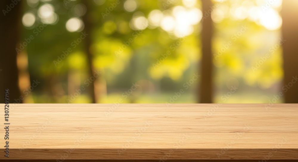 Wooden table surface in a sunlit forest with blurred trees in the background Wooden table surface in a sunlit forest with blurred trees in the background