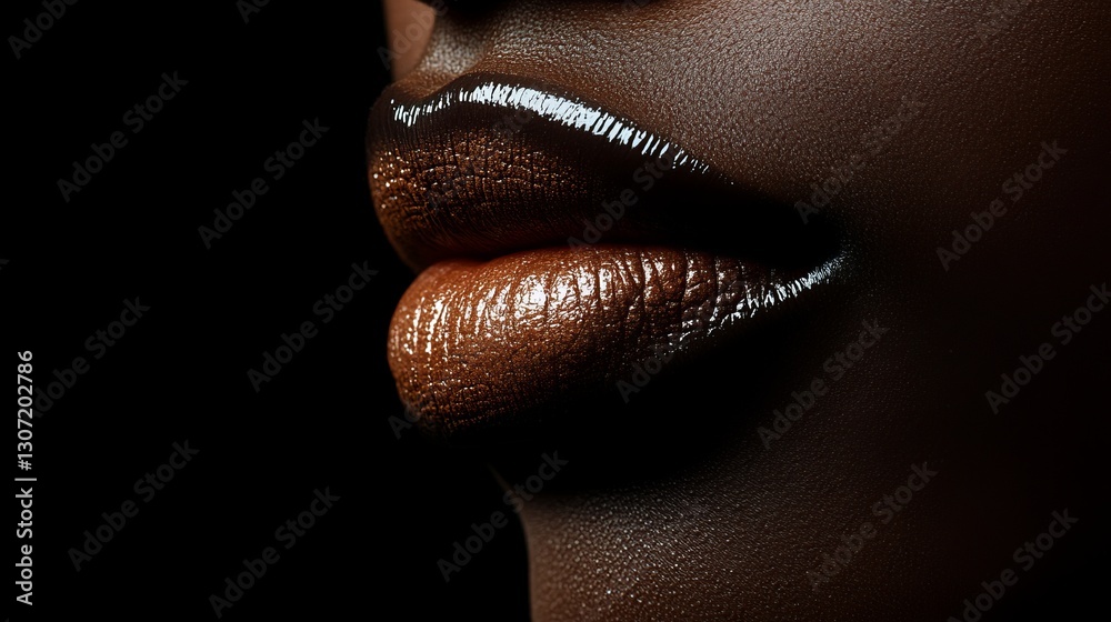 Obraz premium lips, side view, black solid background, dramatic lighting creating sharp contrasts, glossy lips with intense definition.
