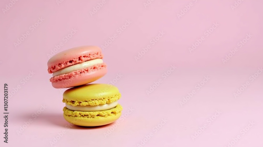 Fototapeta premium Colorful Macaroons on a Pink Background with Copy Space for Text or Advertisement