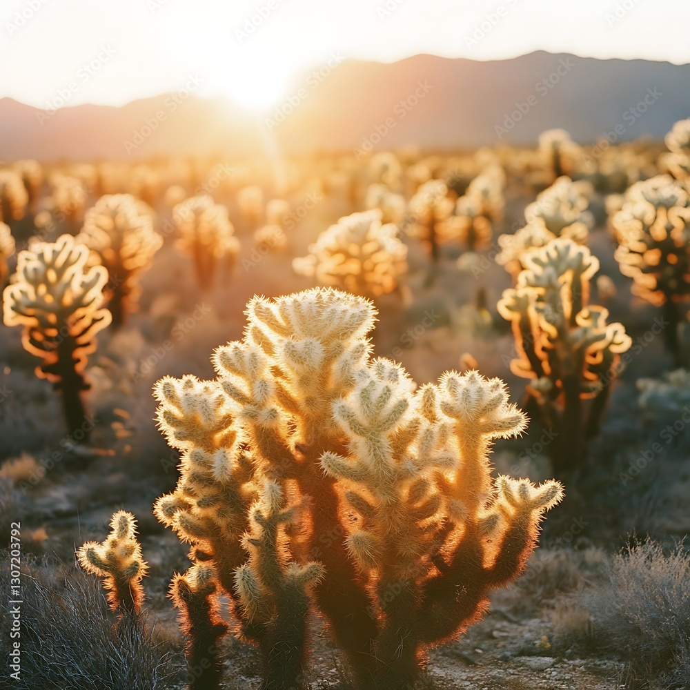 Fototapeta premium Desert sunset cholla cactus field
