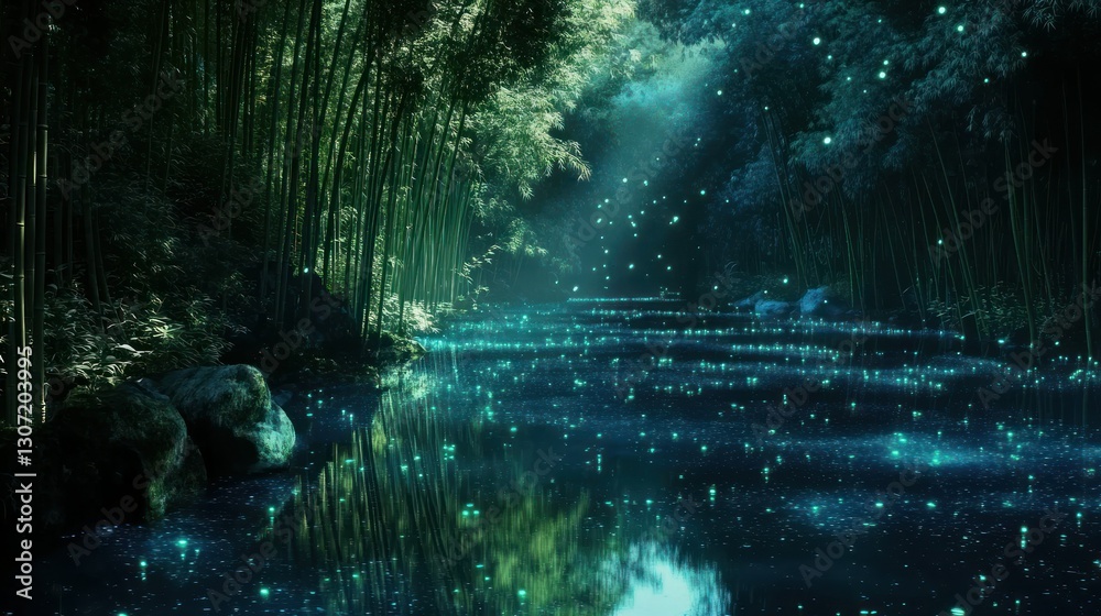 Fototapeta premium Tranquil bamboo forest reflecting serene waters under a starlit sky with glowing particles