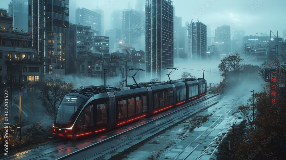 Naklejka premium Soft Fog Over a Retro-Futuristic City with Green Innovations