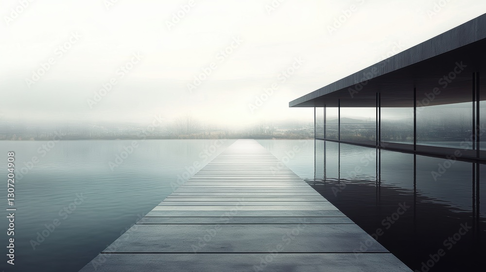 Fototapeta premium Serene Modern Architecture Overlooking Calm Water with Minimalist Design and Foggy Background for Tranquil Atmosphere and Inspirational Imagery