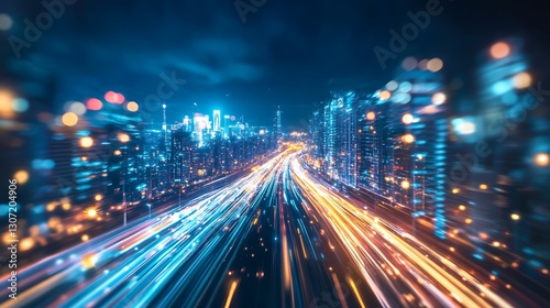 Wallpaper Mural Modern illuminated city skyline with vibrant highway light trails Torontodigital.ca