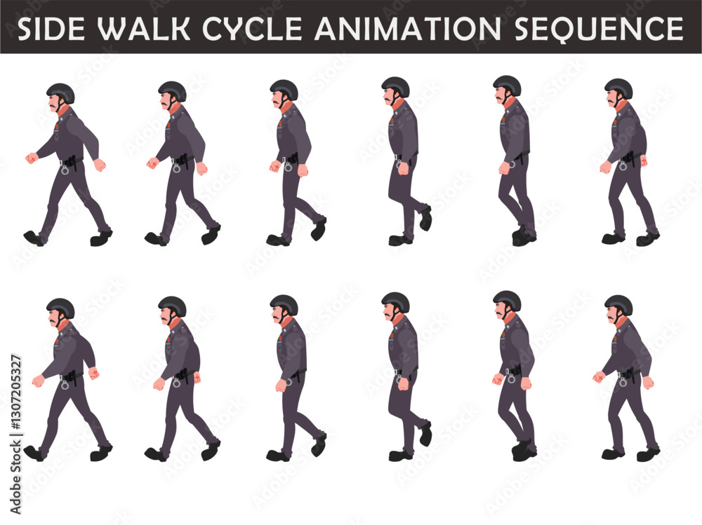 Police Officer Character walk cycle animation sequence. Front walk frame by frame animation sprite sheet. Police Officer Character walk cycle animation sequence. Front walk frame by frame animation sprite sheet.