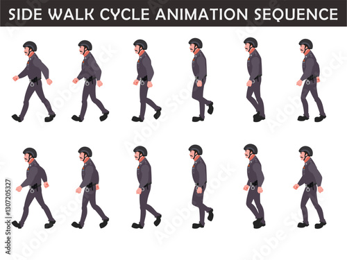 Police Officer Character walk cycle animation sequence. Front walk frame by frame animation sprite sheet.