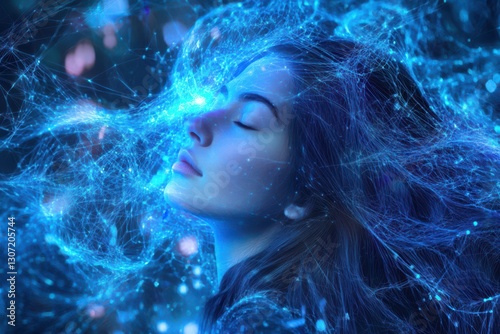 meditating woman, long fluttering hair, holographic projection, wireframe, glowing blue thread, ethereal light, photo