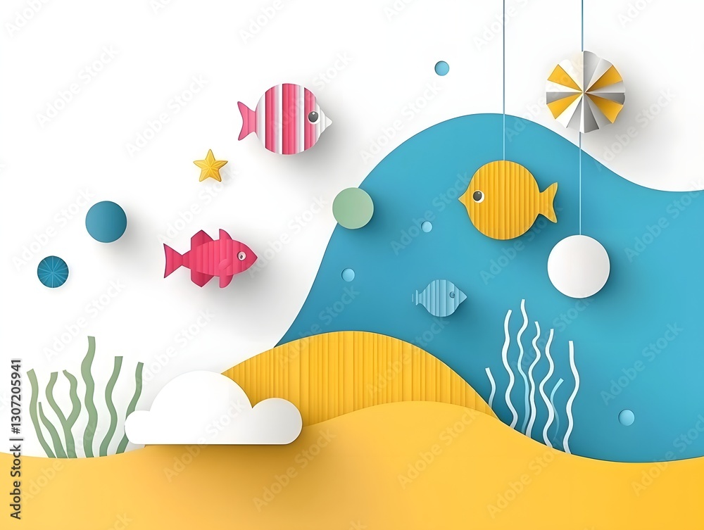 Naklejka premium Colorful underwater scene with playful fish, vibrant waves, and whimsical elements for children's decor and design projects
