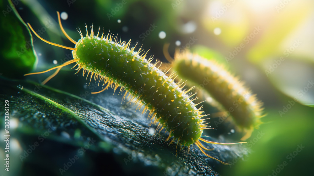 Fototapeta premium Microscopic Green Bacteria on Leaf Surface Illuminated by Sunlight