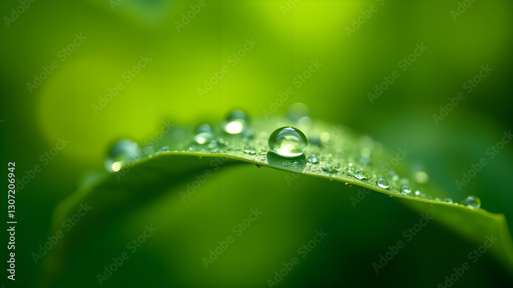 Water Droplets Adorn a Vibrant Green Leaf Water Droplets Adorn a Vibrant Green Leaf