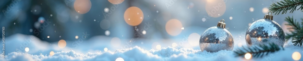 Naklejka premium Shiny silver tree decoration on a snowy background,, Silver Balls