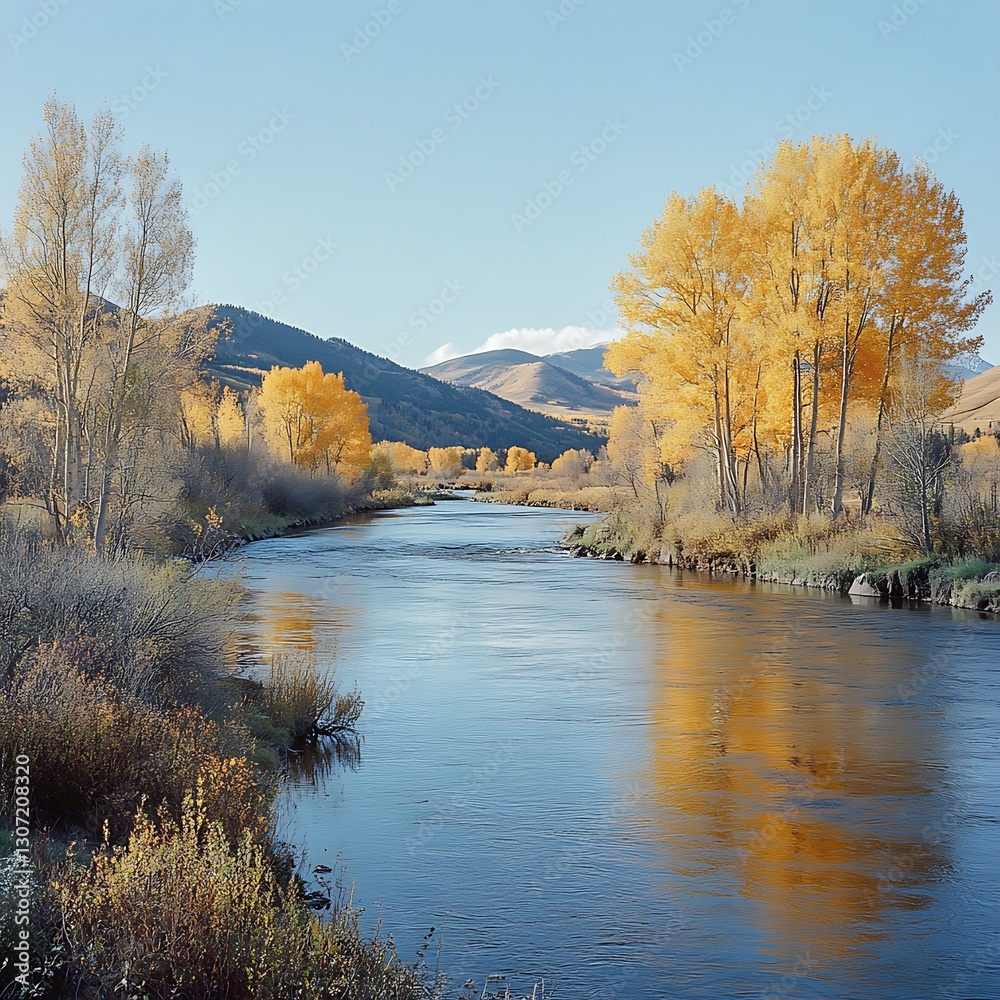 Fototapeta premium River flows through autumn trees, mountain view