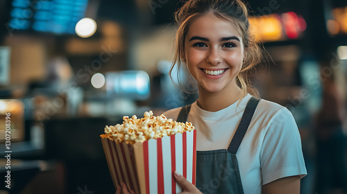 young female cafeteria worker at cinema smiling and holding popcorn box showing movie theater staff lifestyle customer service job and hospitality industry concept
