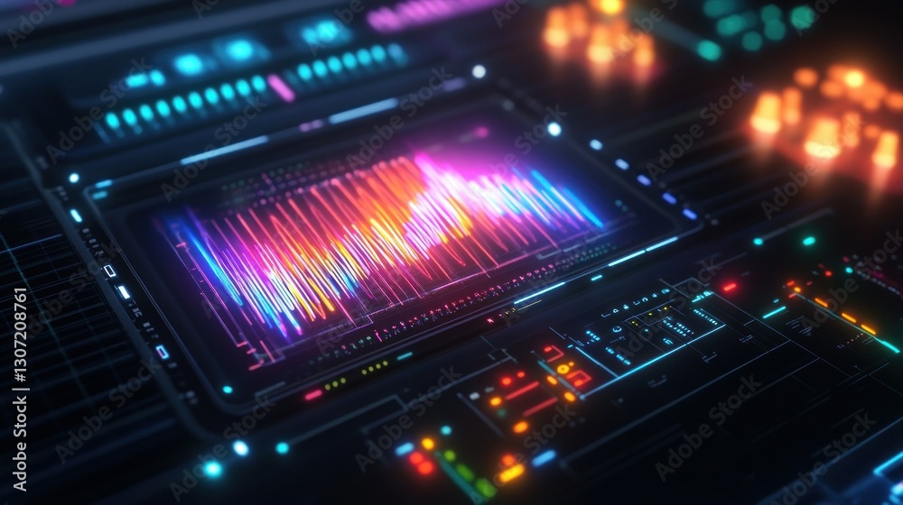 Vibrant digital soundwave visualization on a futuristic interface with colorful audio controls
