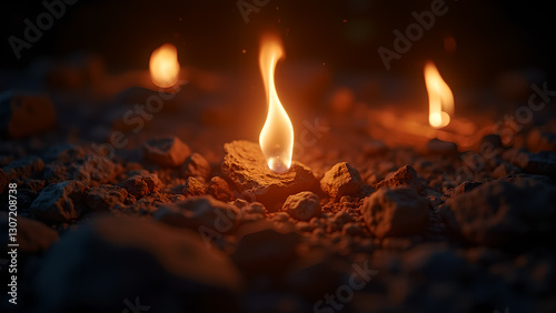 Mystical Eternal Flame Glimmering on Rocky Ground